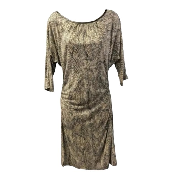 Allen B Allen Schwartz Dress XS Beige Black Snakeskin Print Ruched Boho Chic - Picture 2 of 7